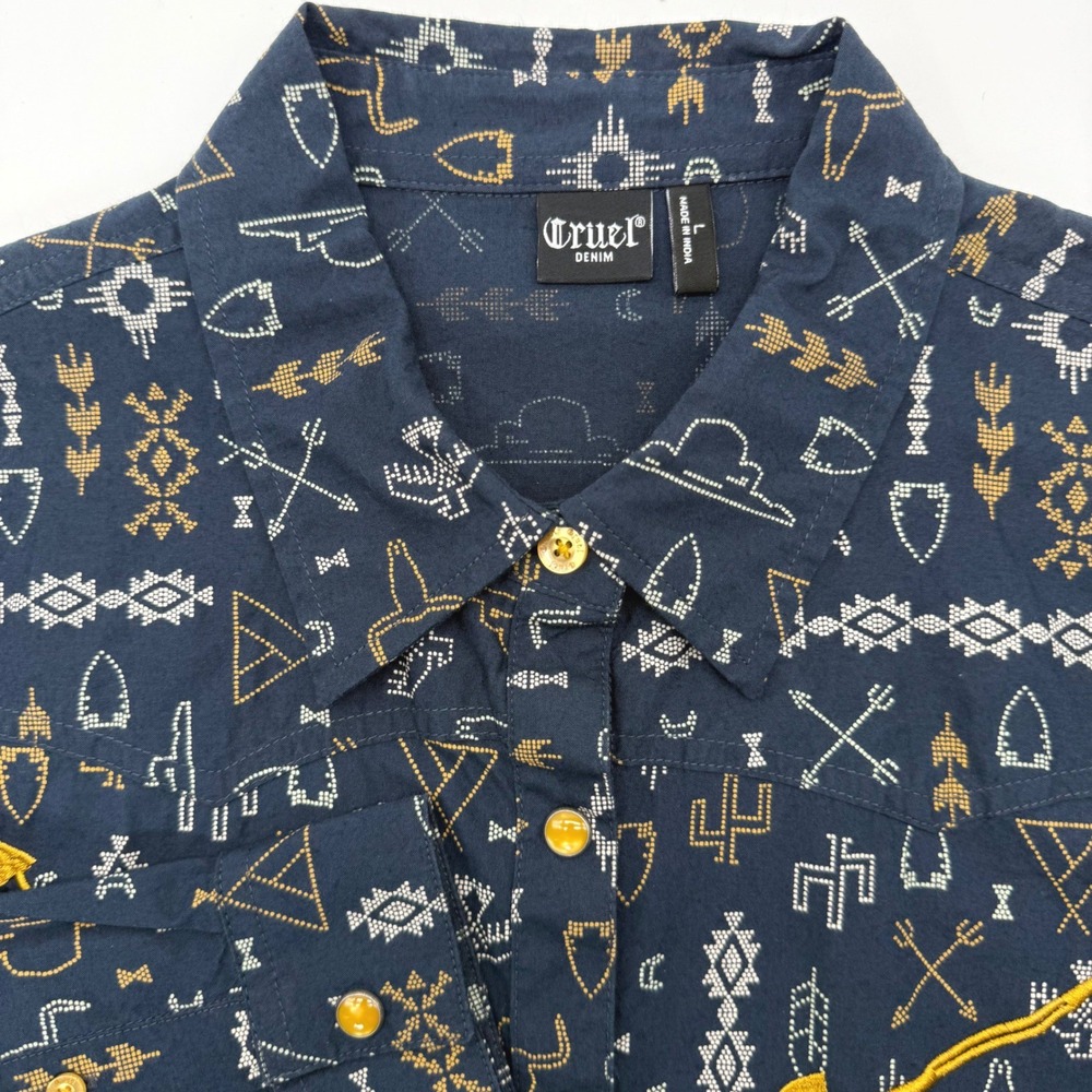 Cruel Denim Western Shirt Womens L Navy Blue Southwestern Print Snap Cowgirl